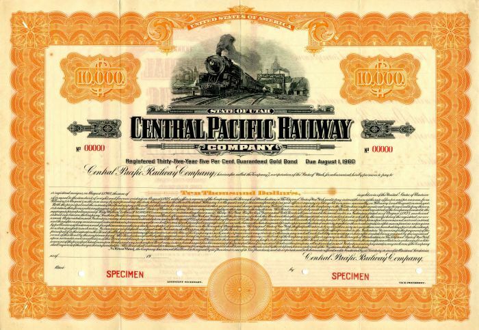 Central Pacific Railway Co. - Specimen Bond Certificate - Specimen Stocks & Bond