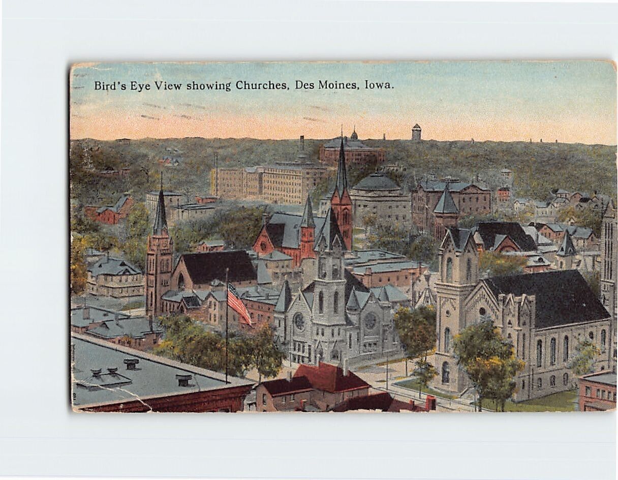 Postcard Bird\'s Eye View Showing Churches, Des Moines, Iowa, USA