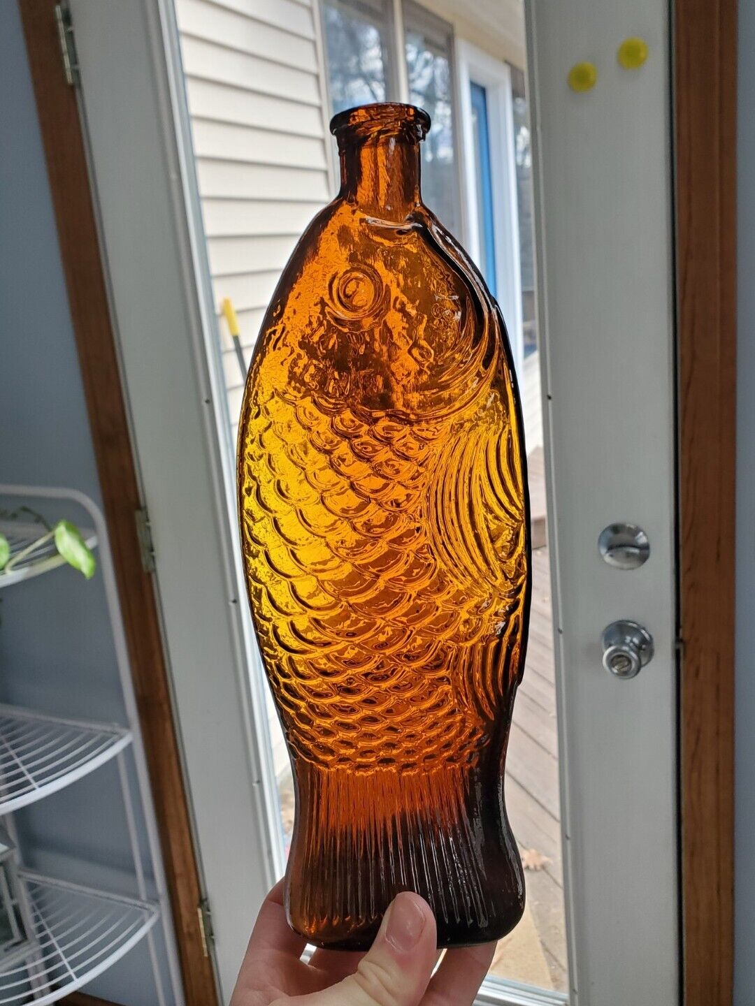 Nice Bright Orange Amber 1860s Doctor Fisch\'s Bitters / Figural Fish Bottle 1866