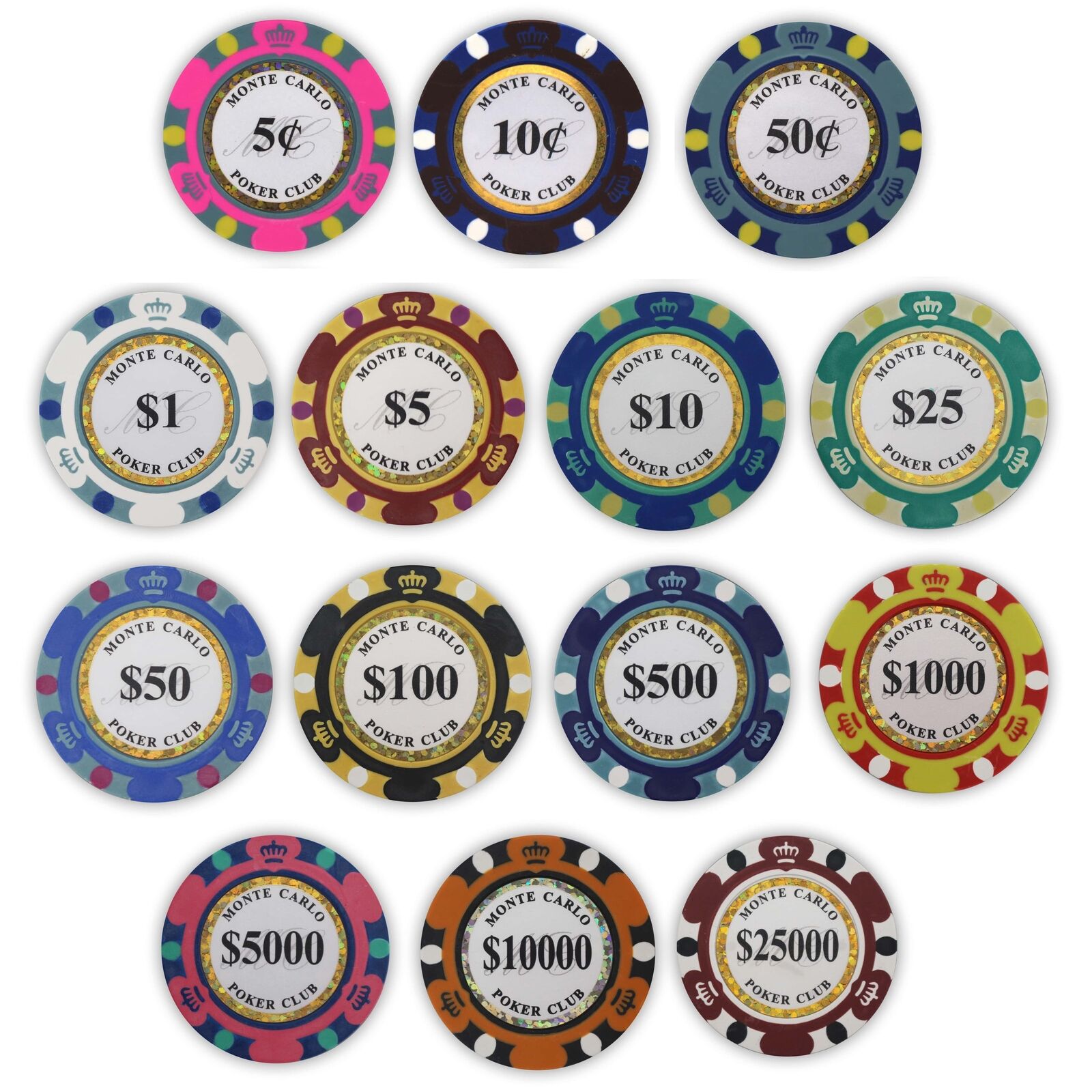 Monte Carlo Poker Chips - SAMPLE PACK Set - 15 Denominations - 14 Gram NEW