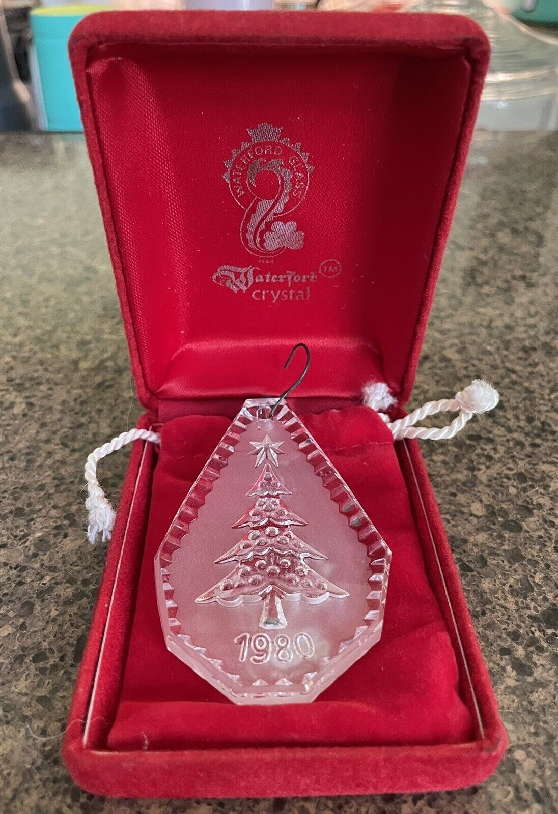 Vintage Waterford Crystal Annual 1980 Glass Christmas Ornament Tree Teardrop Box