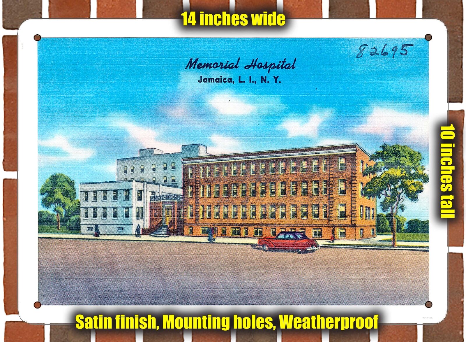 METAL SIGN - New York Postcard - Memorial Hospital, Jamaica, L. I., N. Y.