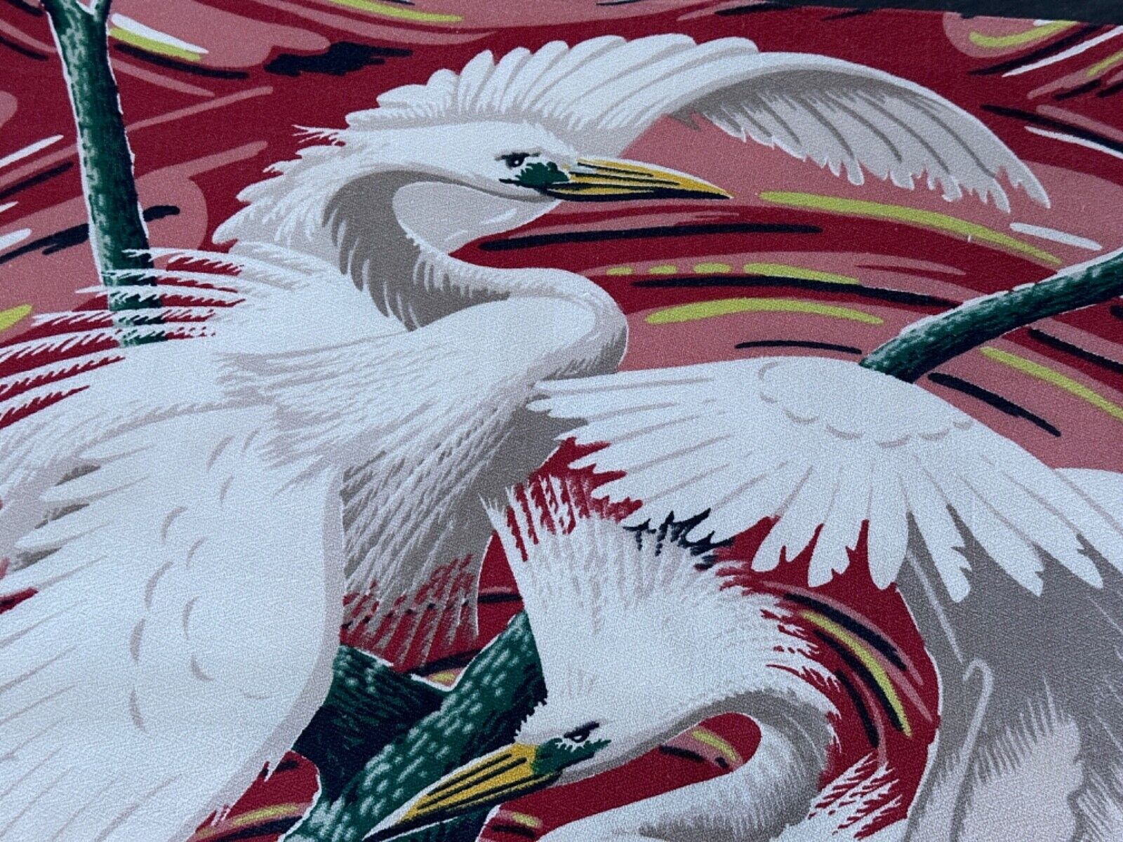 30's Art Deco Miami Beach HOTEL Egrets on SWIRL Barkcloth Vintage Fabric PILLOWS