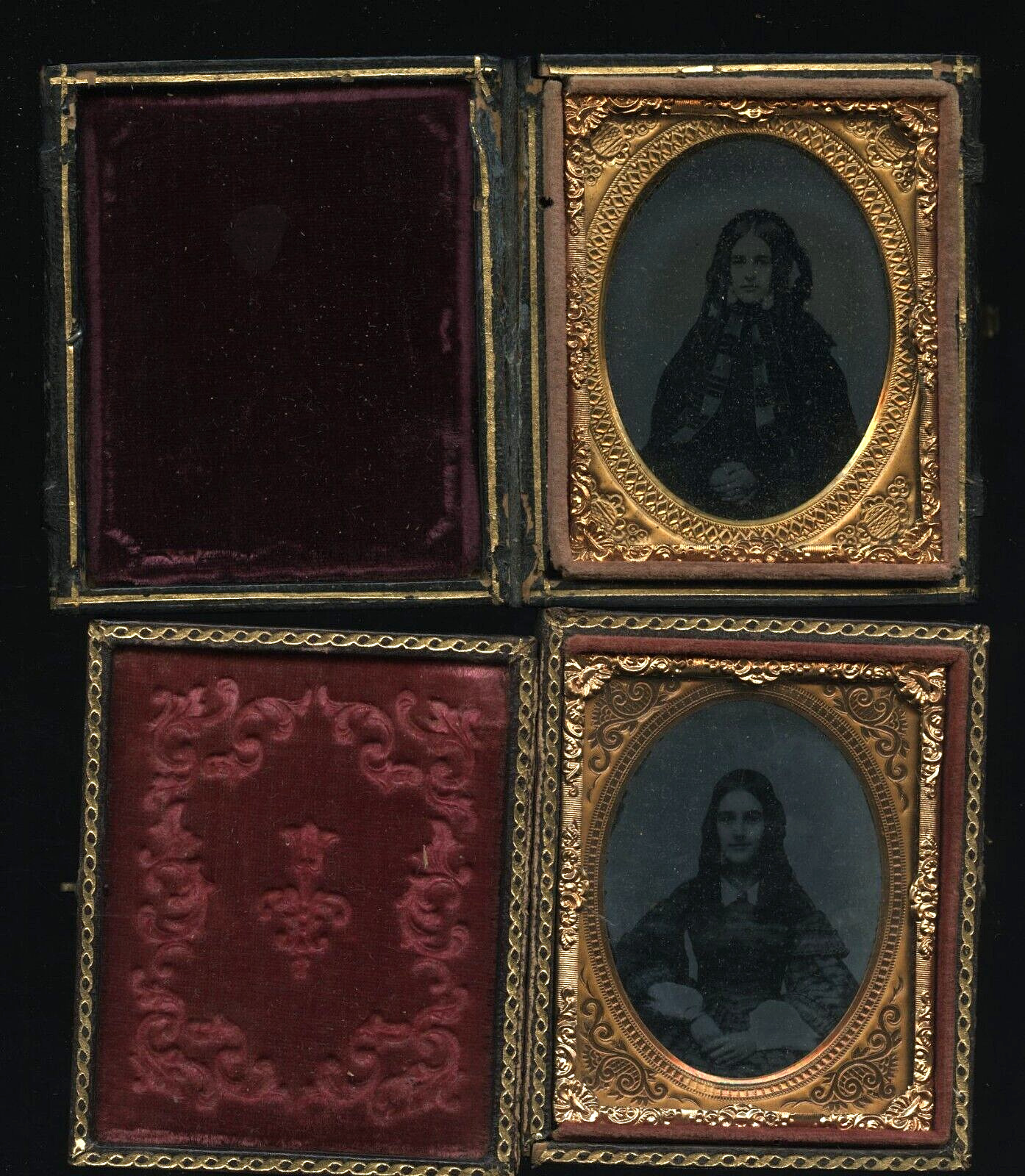 Two 1/9 Ambrotype Photos of Women including Banded Leather Case