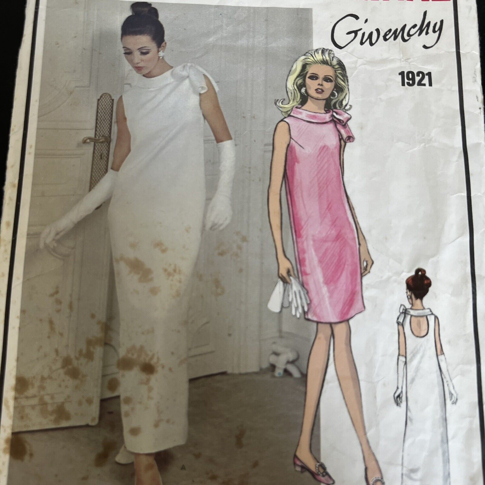 Vintage 60s Vogue 1921 Mod Givenchy Bias Bow Collar Dress Sewing Pattern 10 CUT