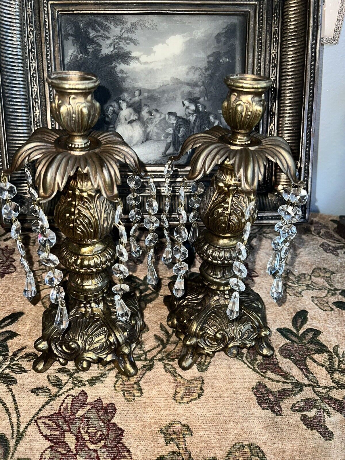 Pair Antique Candle Holder Style Ornate Gold Brass