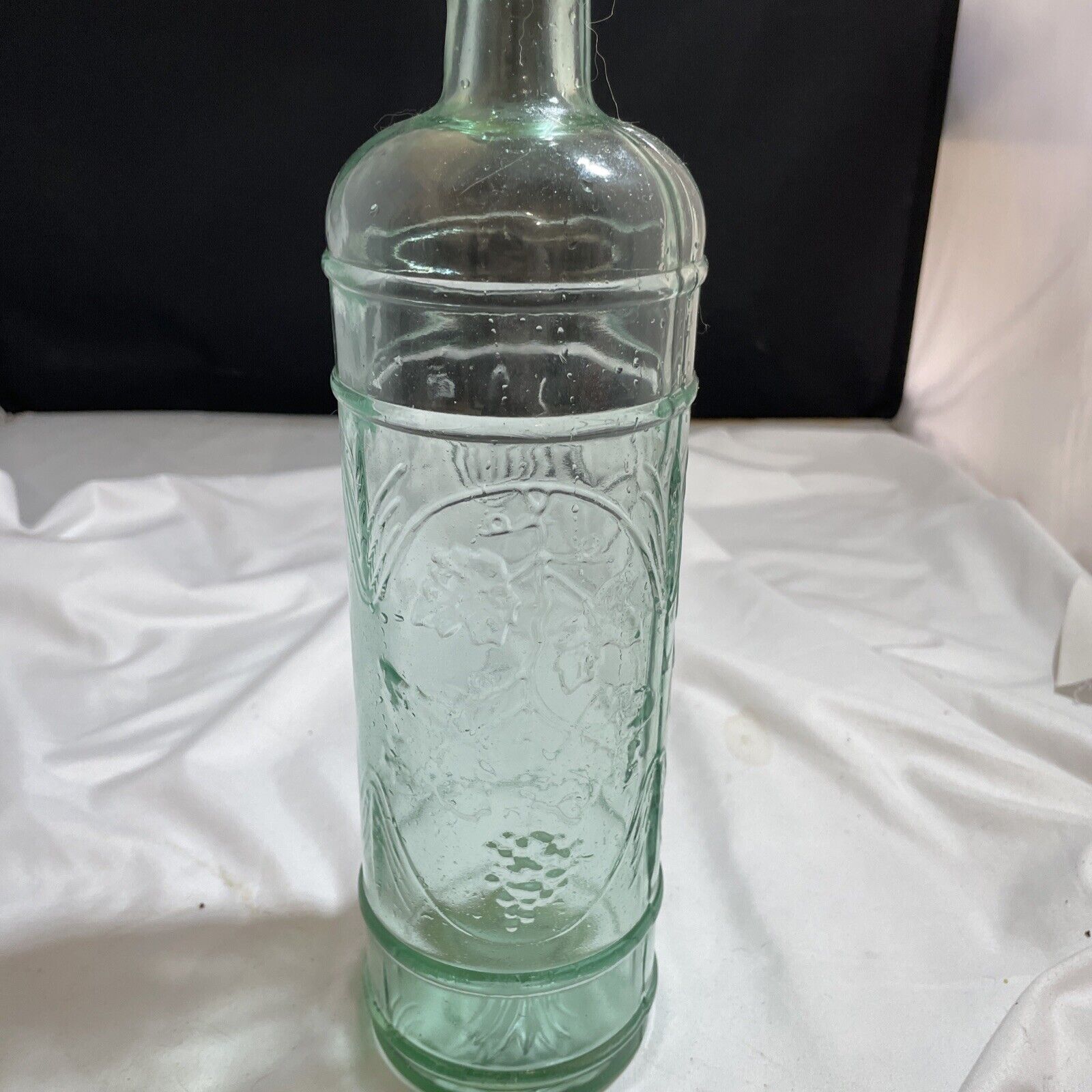 Vintage Glass Bottle Fruit Embossed Grapes Clear Glass Blue Green Hue Decor