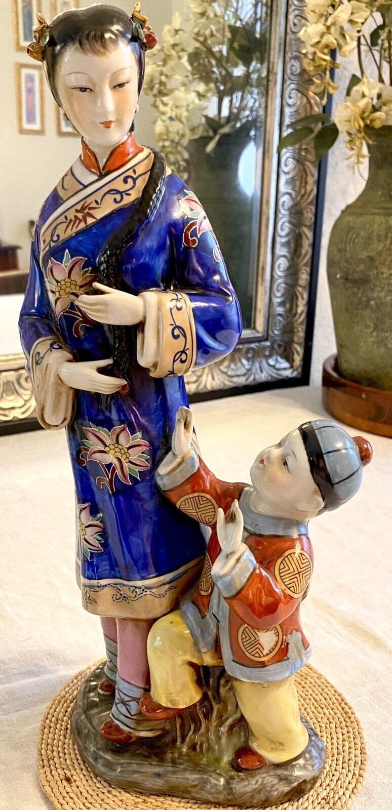 VTG Shi Wan Mother Child Chinese Porcelain Sculpture Figurine  Woman Boy 16”