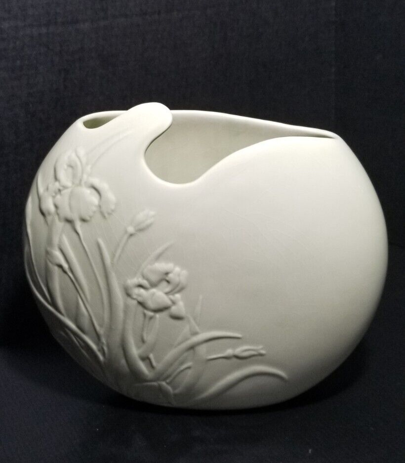 Stunning Pale Green Ceramic Vase with Raised Iris Design. Signed by Artist.