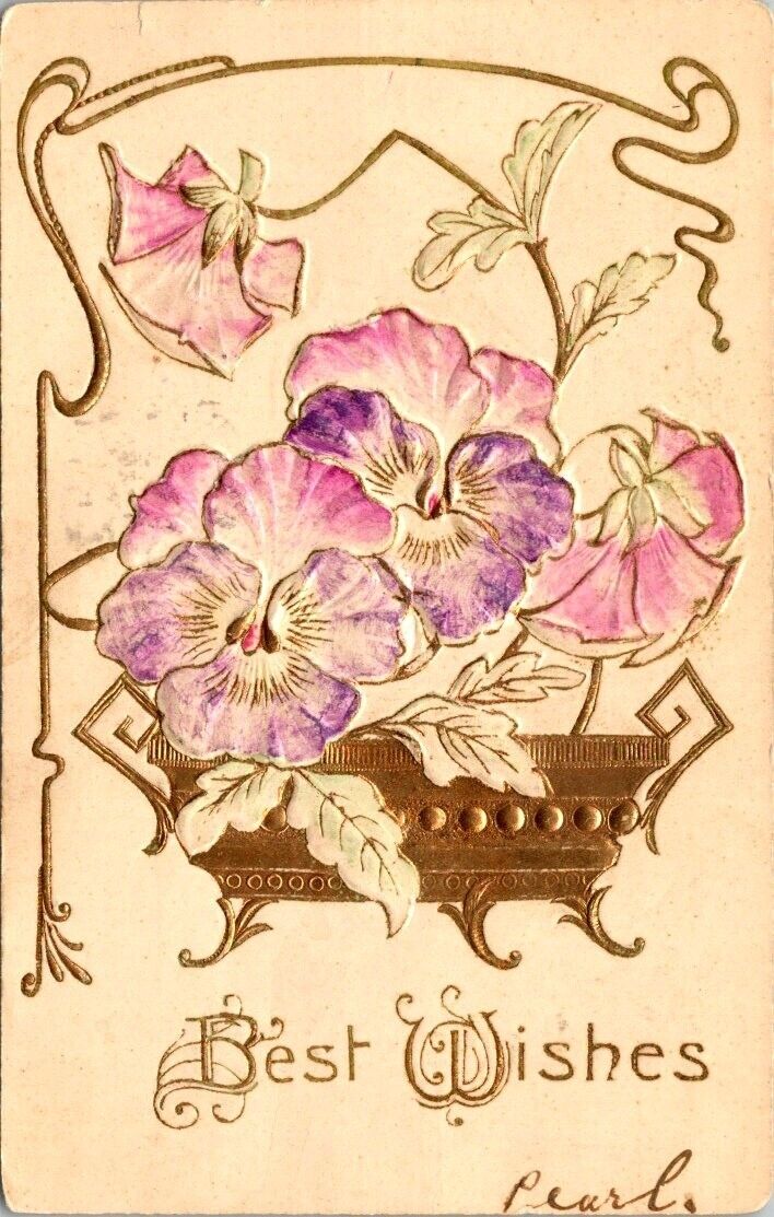 vintage postcard - BEST WISHES pink flowers embossed posted 1907