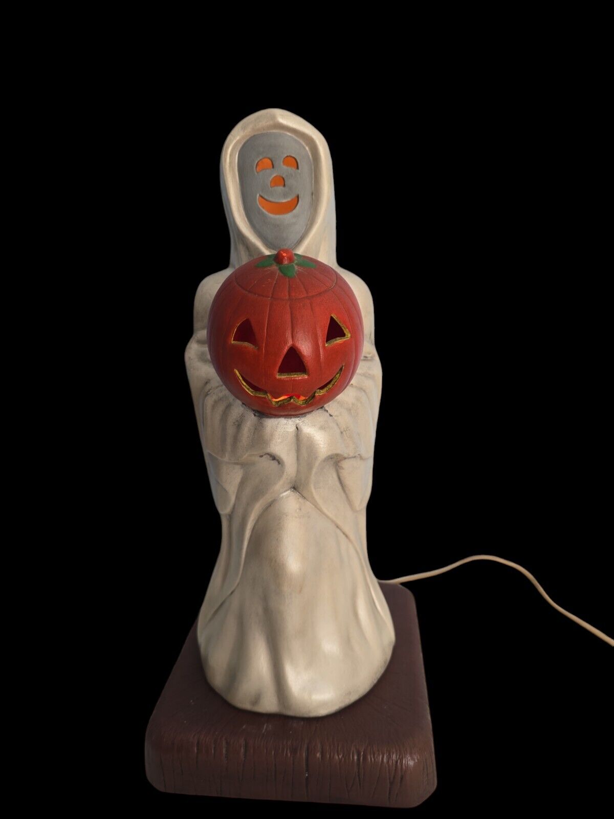 Vintage Holland Mold? Ghost Holding Pumpkin Light Up Ceramic Figurine with Base