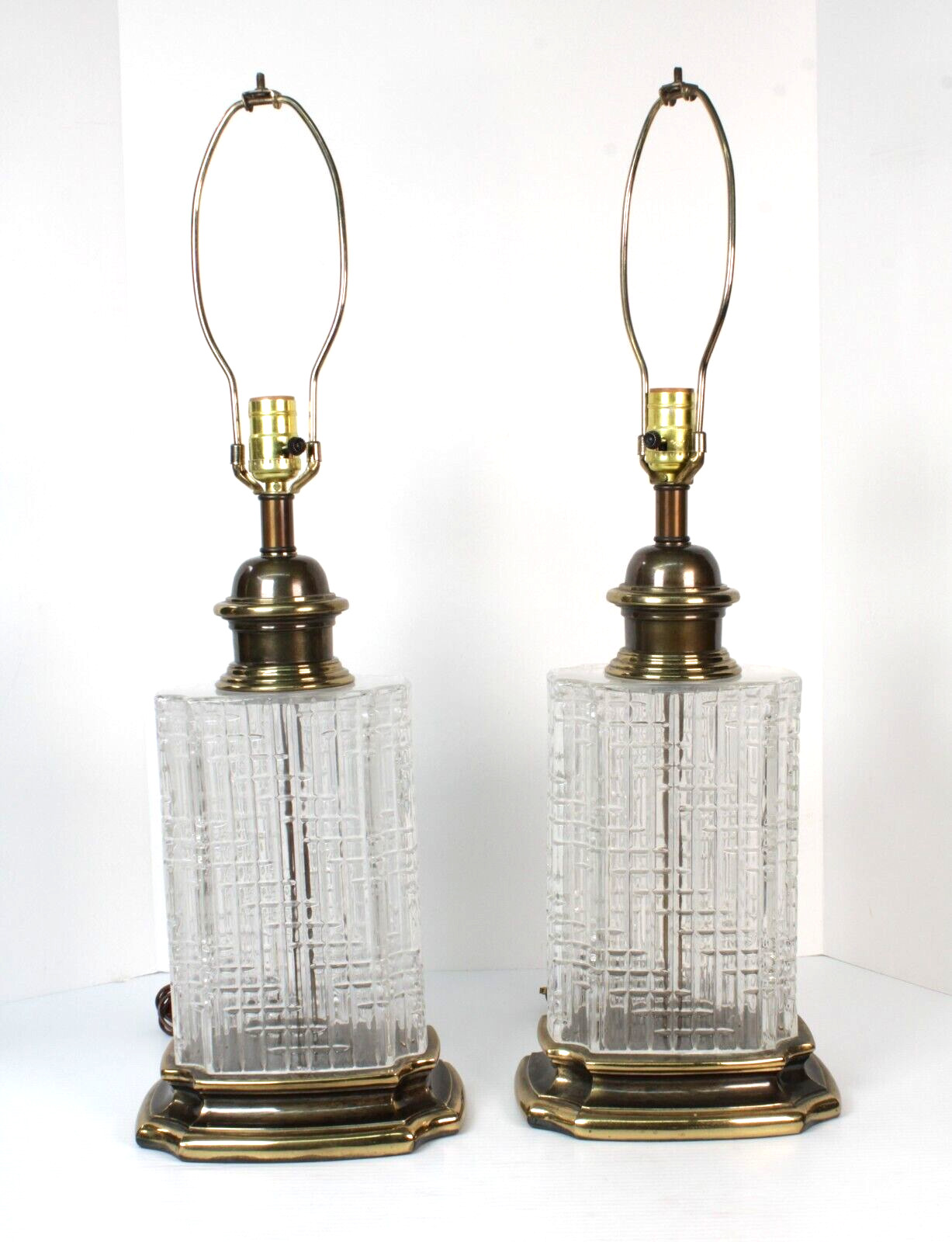 Pair Of Mid-Century Modern Morris Greenspan Ice Glass And Brass Base Lamps