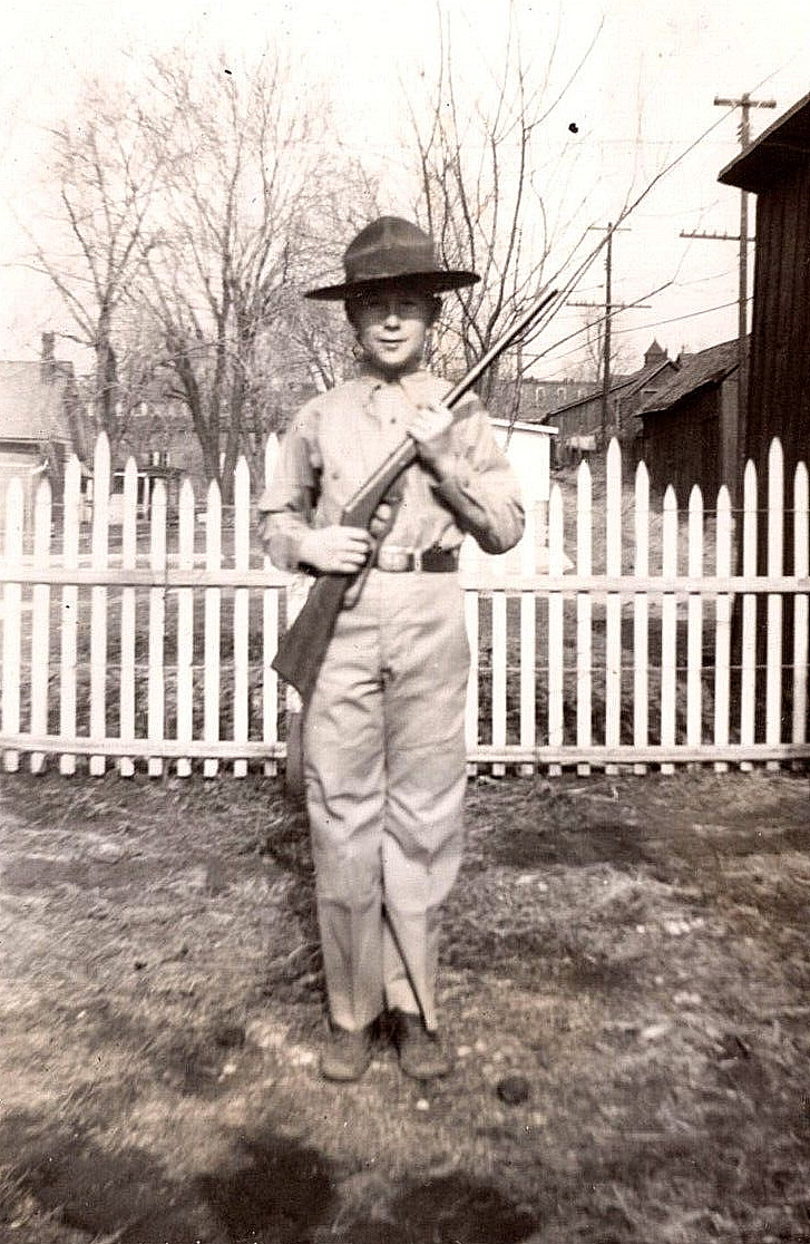 Original Old Vintage Antique Picture Boy With Gun Military Uniform Picket Fence