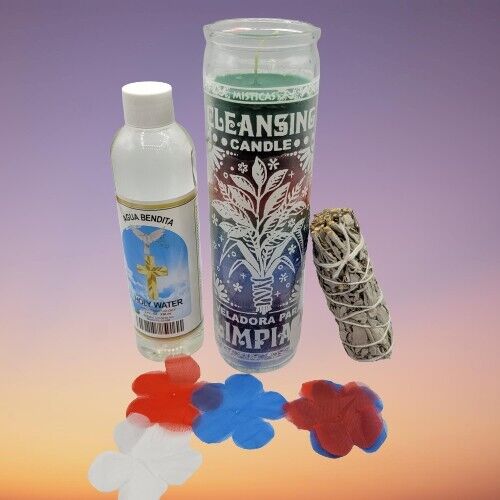 Cleansing candle 7 Days  7 colors,  white sage & holy water purification kit 