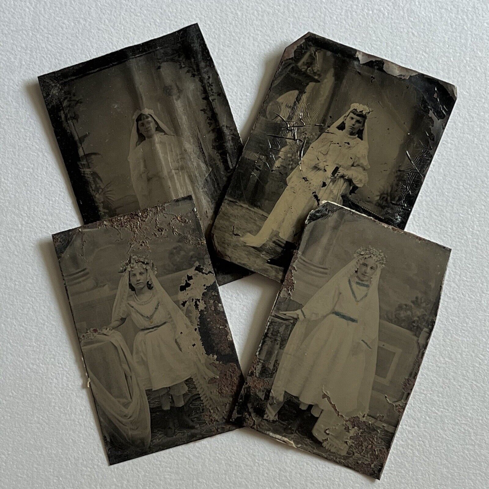 Antique Tintype Photograph Lot Girl Communion Dress Distressed Odd Spooky Tinted