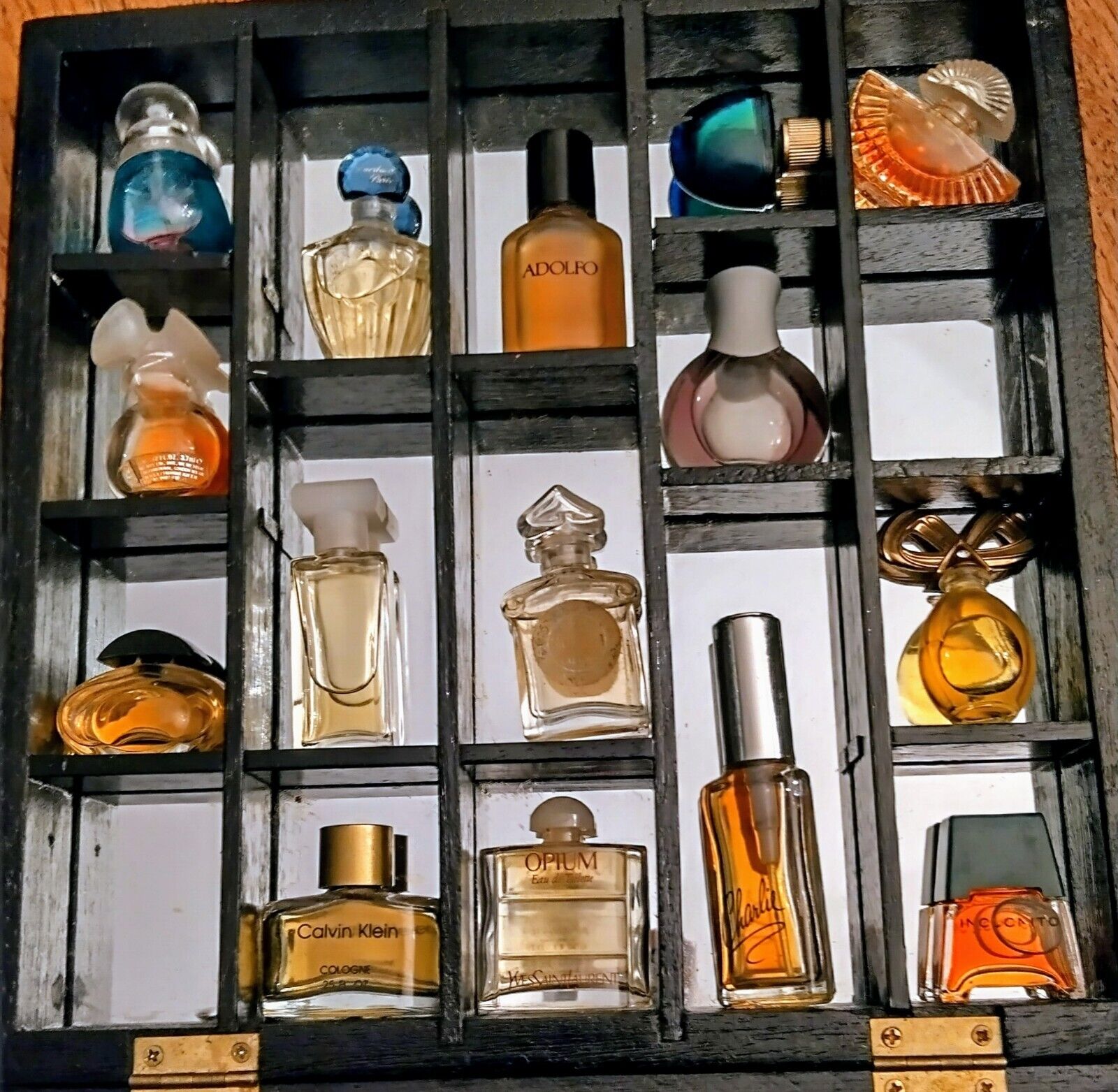 Vintage 15 Fragrance Miniature Travel Perfumes Lot + Shadow Box Wall Display