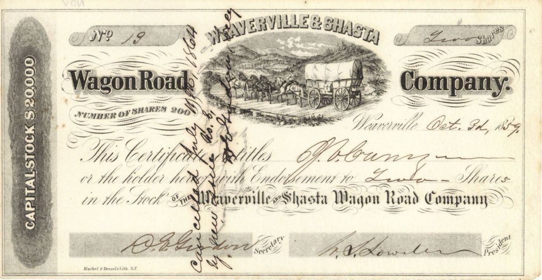 Weaverville and Shasta Wagon Road Co. - Stock Certificate - Railroad Stocks