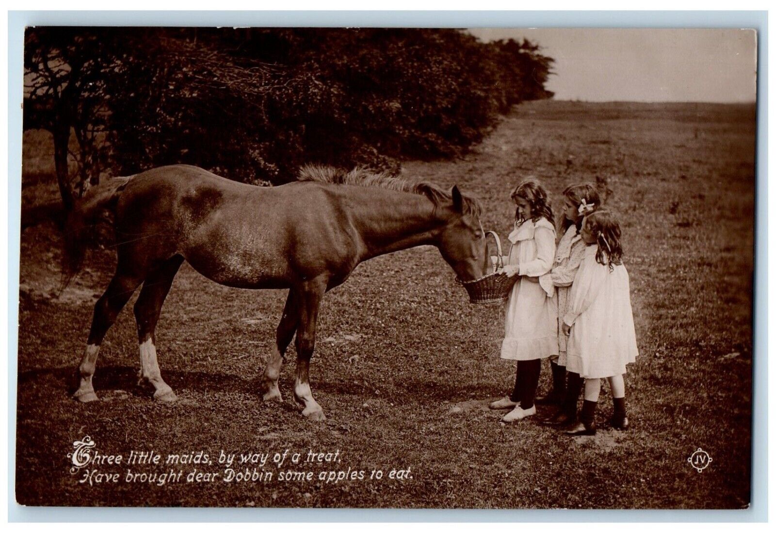 c1910's Three Little Maids Feeding Horse Dobbin RPPC Photo Antique Postcard