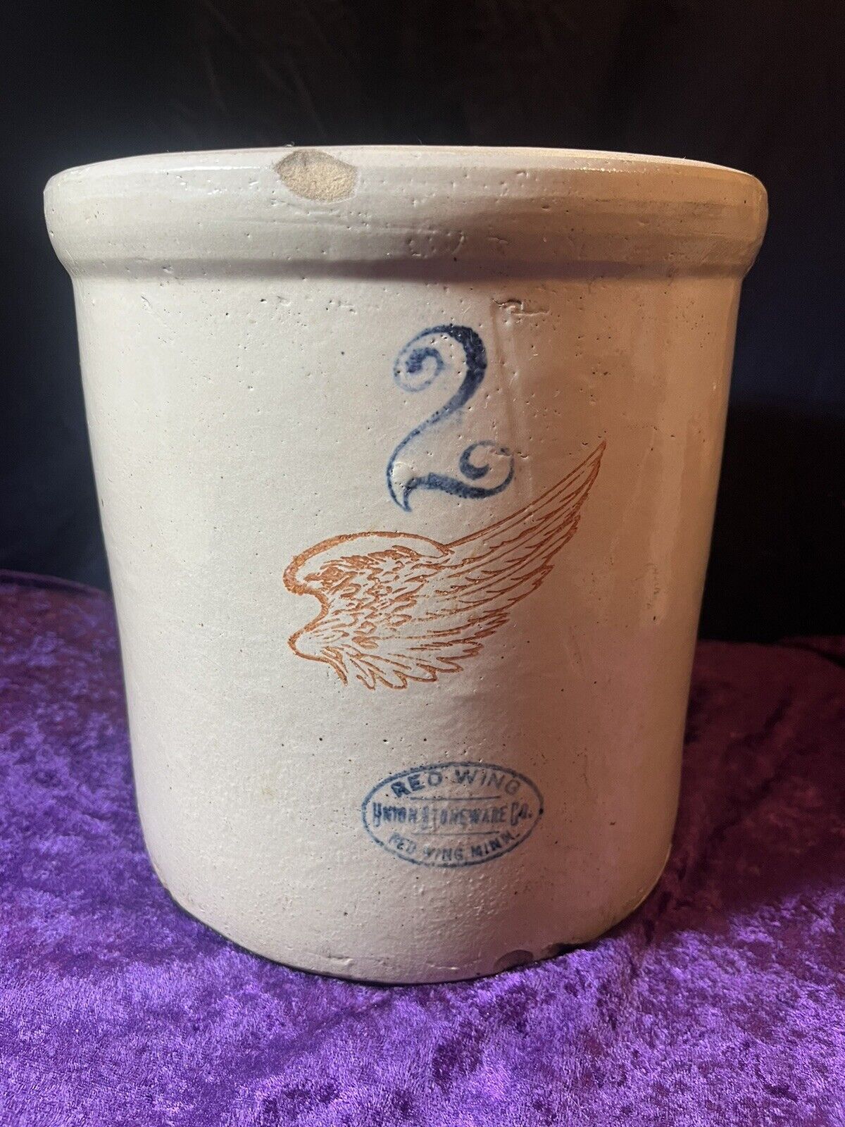 Beautiful &Original 2 Gallon Red Wing Union Stoneware Crock With 4” Wing Feather