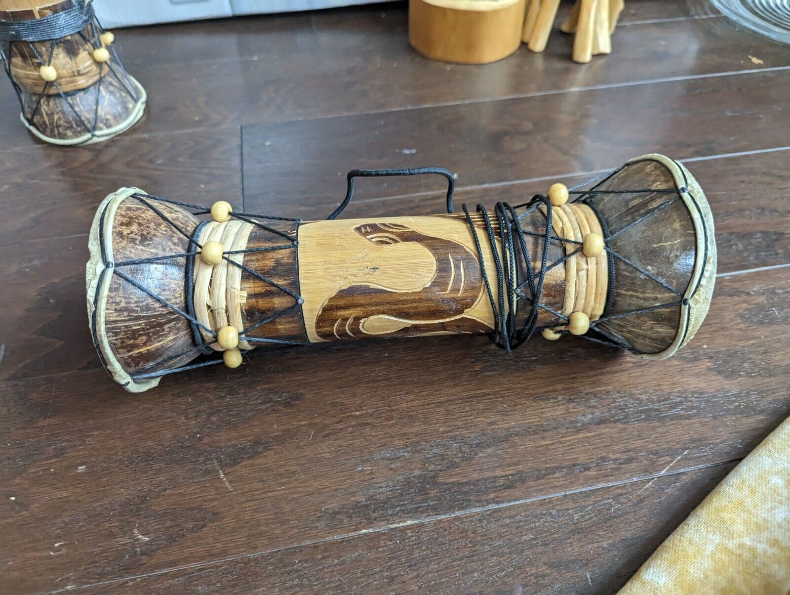 Vintage Tribal Djembe Drum Carved Wood Snake African Instrument