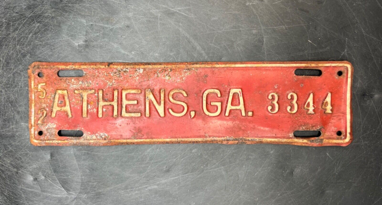 Vintage 1952 Athens GA Georgia Automobile License Plate Red Metal Antique Decor