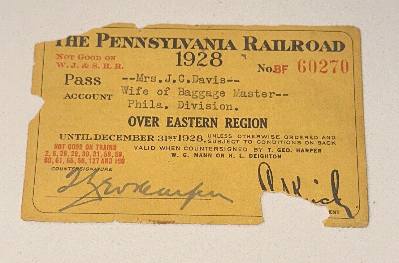 1928 Vintage Pennsylvania Railroad Ticket Stub Season Pass Badge Eastern Region