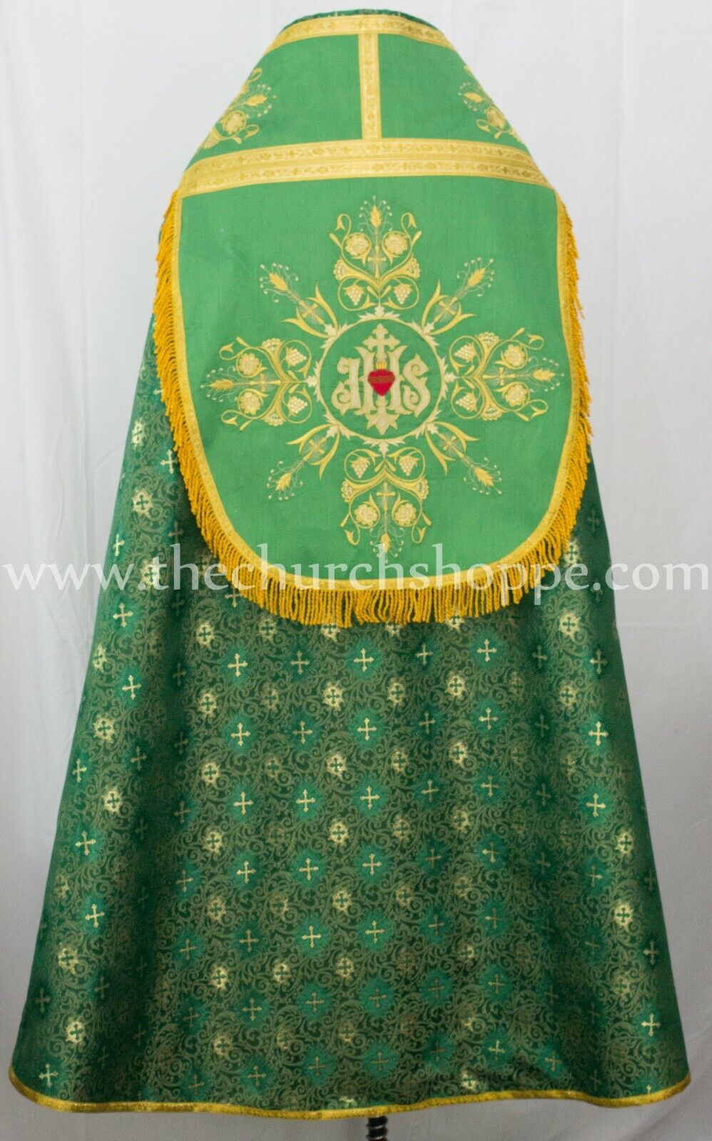 NEW Metallic Green Cope & Stole Set with IHS embroidery,capa pluvial,far fronte