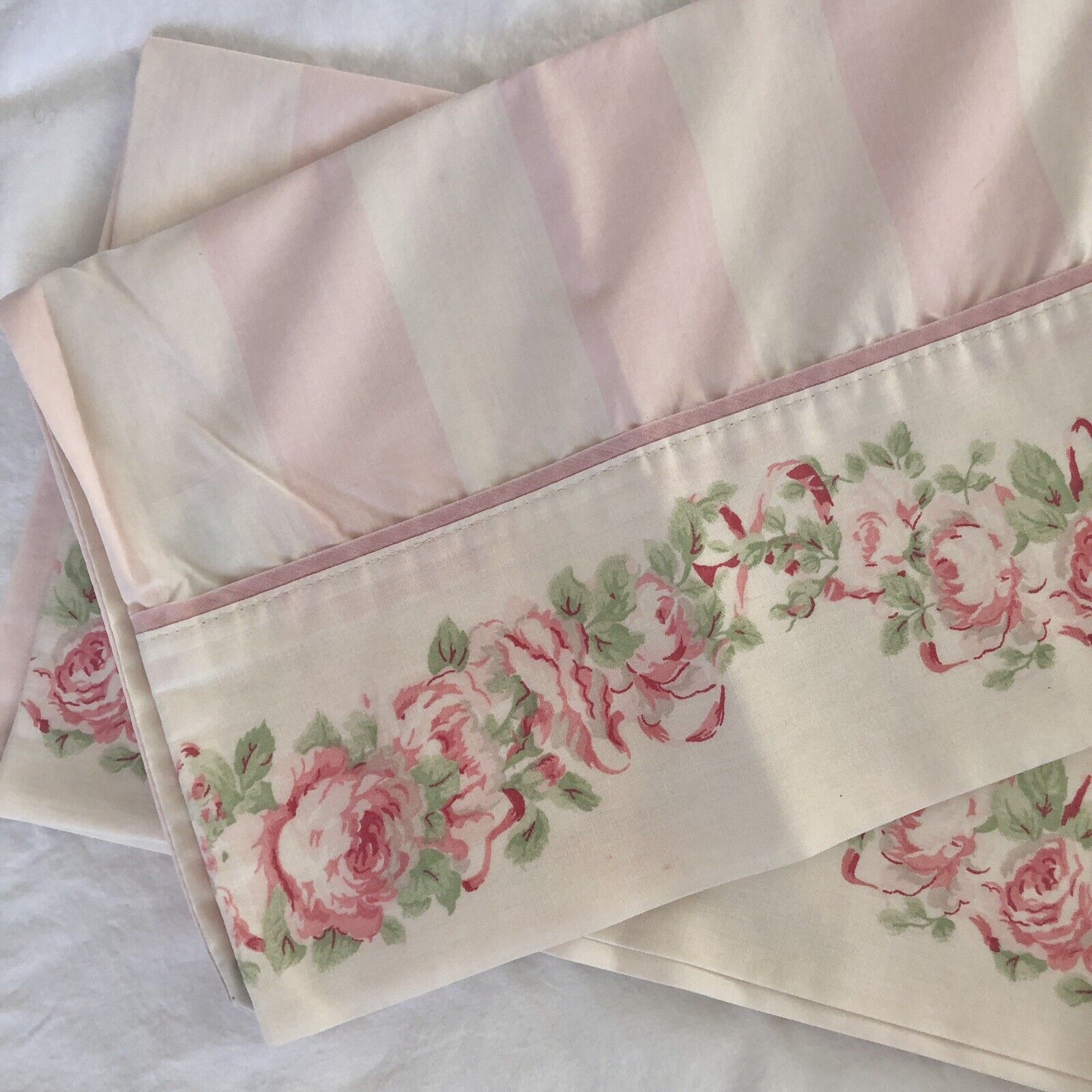 Vtg Laura Ashley Country Roses King Pillow Cases Pink White Striped Floral Read