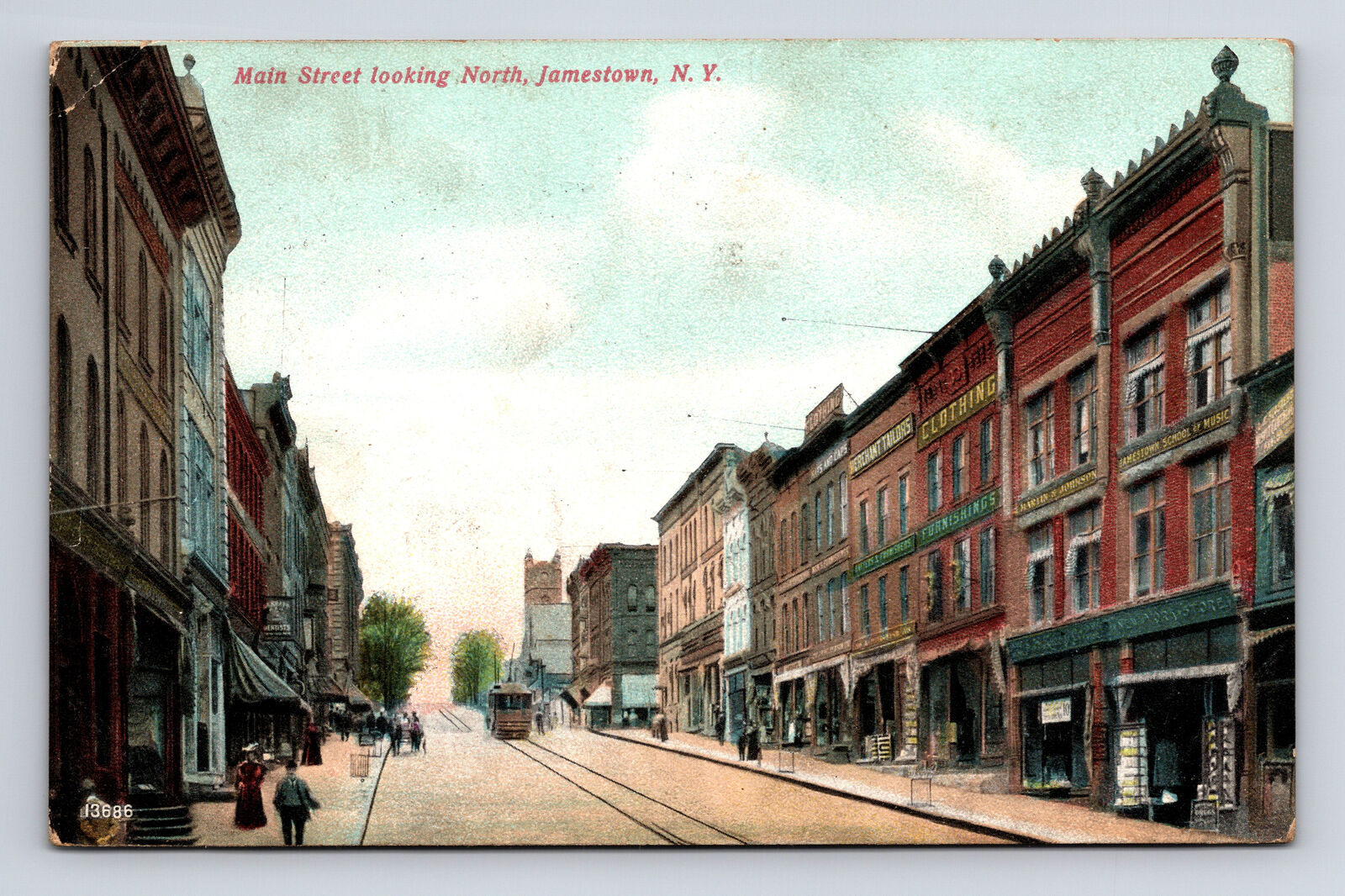 1908 Jamestown New York NY Main Street View Trolley Car People Postcard