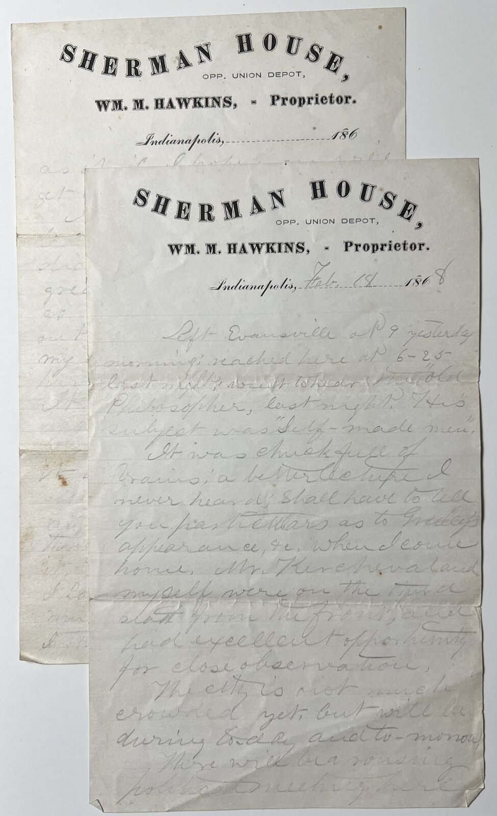 Antique 1868 SHERMAN HOUSE Inn Lodging Letter  Indianapolis Indiana 2 Pages