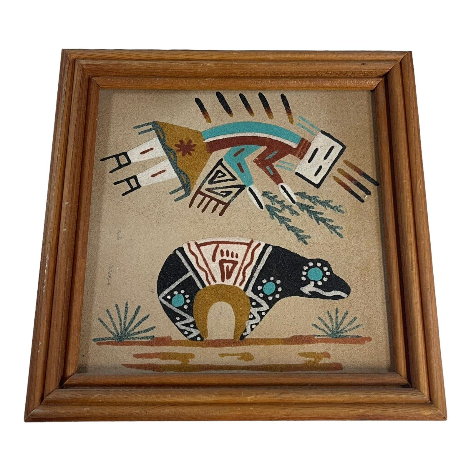 Hopi Kachina Vintage Southwestern Native Sand Art Fetish Bear Painting 9.5”