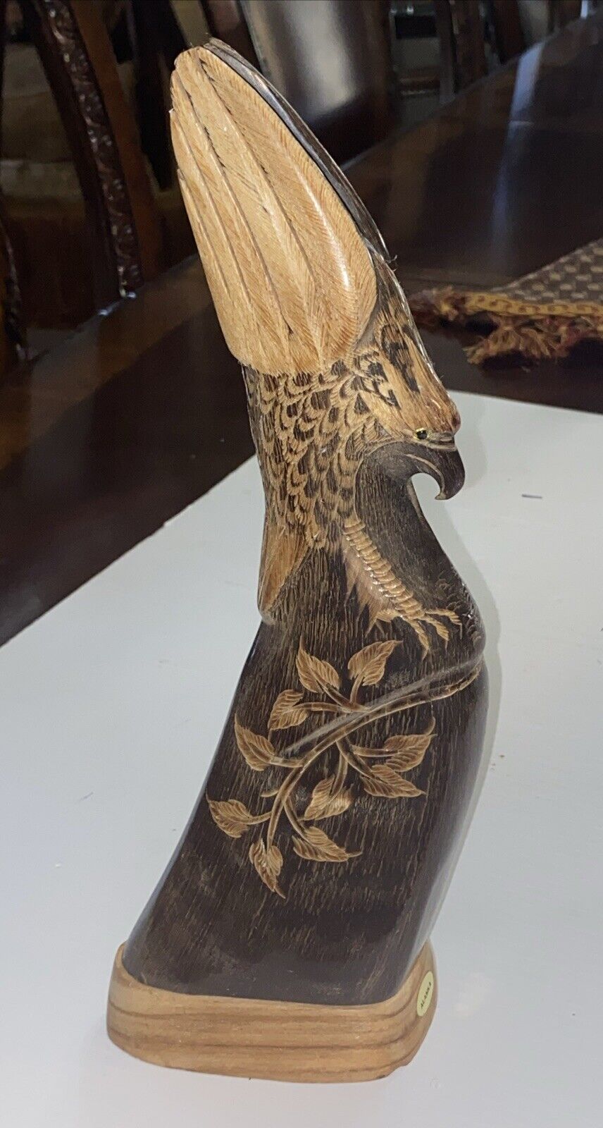 Vintage Hand Carved Horn Eagle  Sculpture Wood Base Made In Alaska USA 12” Tall