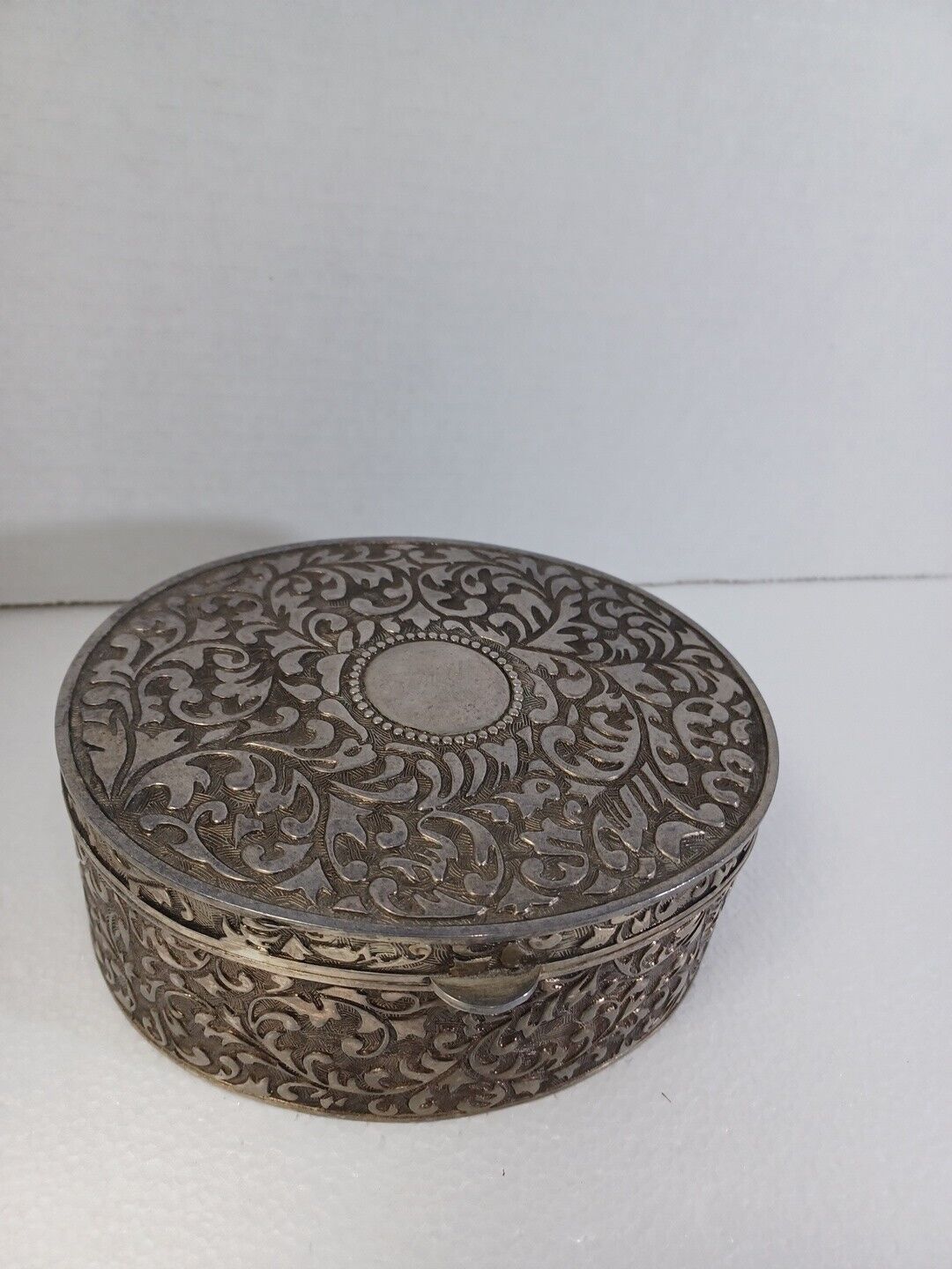 Vintage  Larger Jewelry Trinket Box Silver colored Lined Silver Burgandy 3\