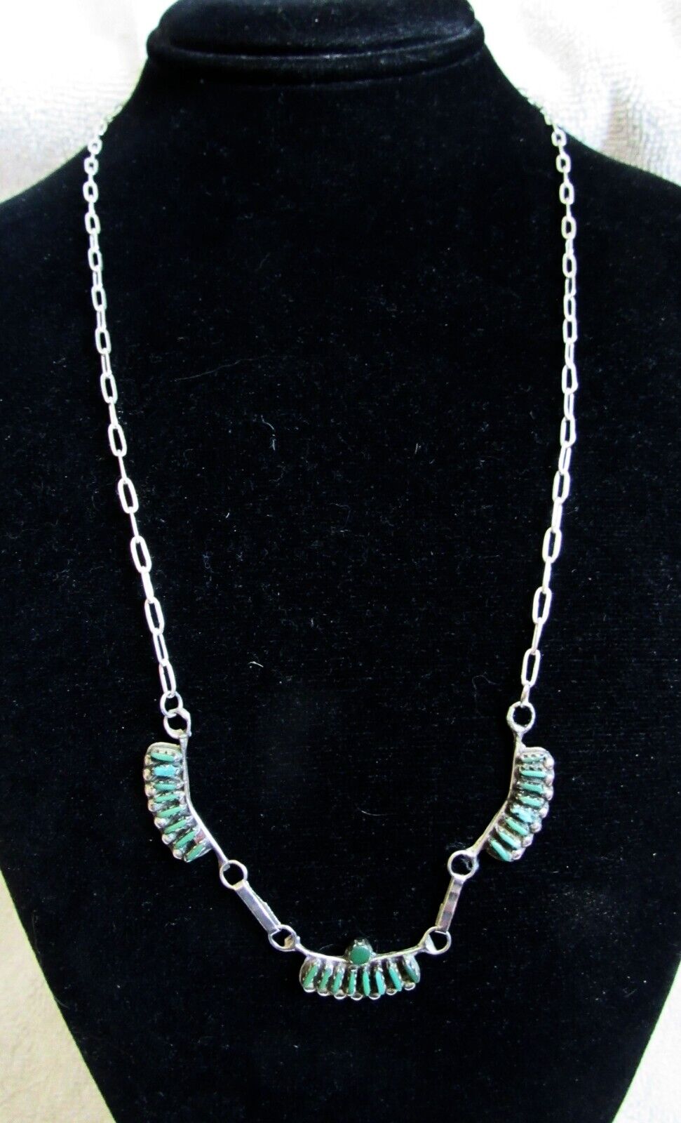 Zuni Indian Needlepoint Cerrillos Turquoise Sterling Silver Pendants Necklace