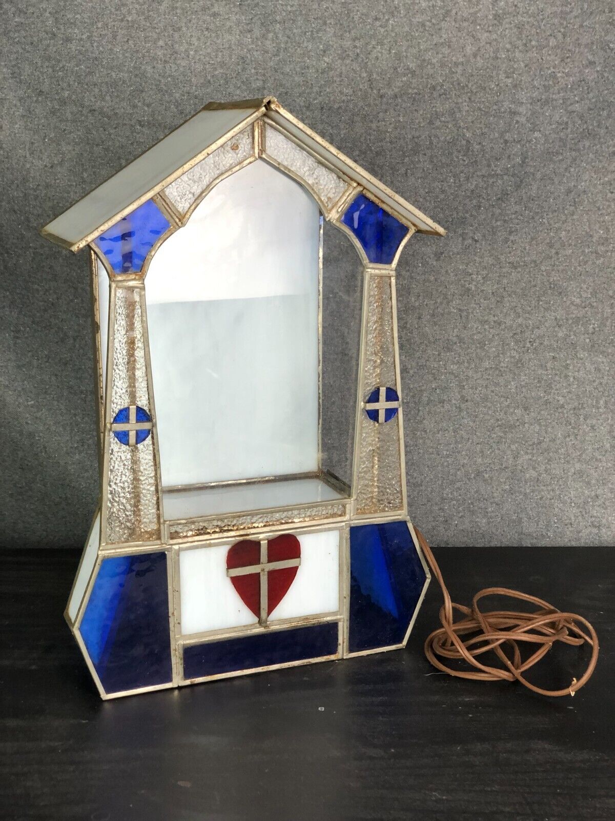 Vintage Stained Glass Religious Altar Showcase Display Stand