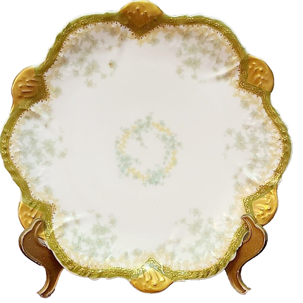 Antique Elite Limoges France Plate - Scalloped, Green Border,  Gold Embellished