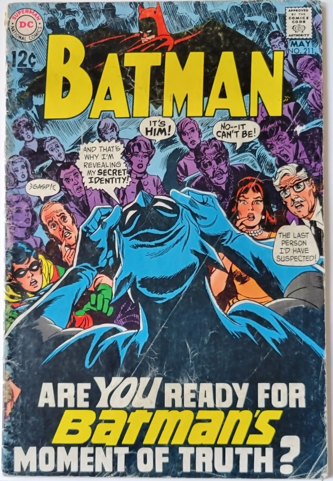 Batman #211 (1969) Vintage Silver Age Comic, Batman Forced to Unmask Himself