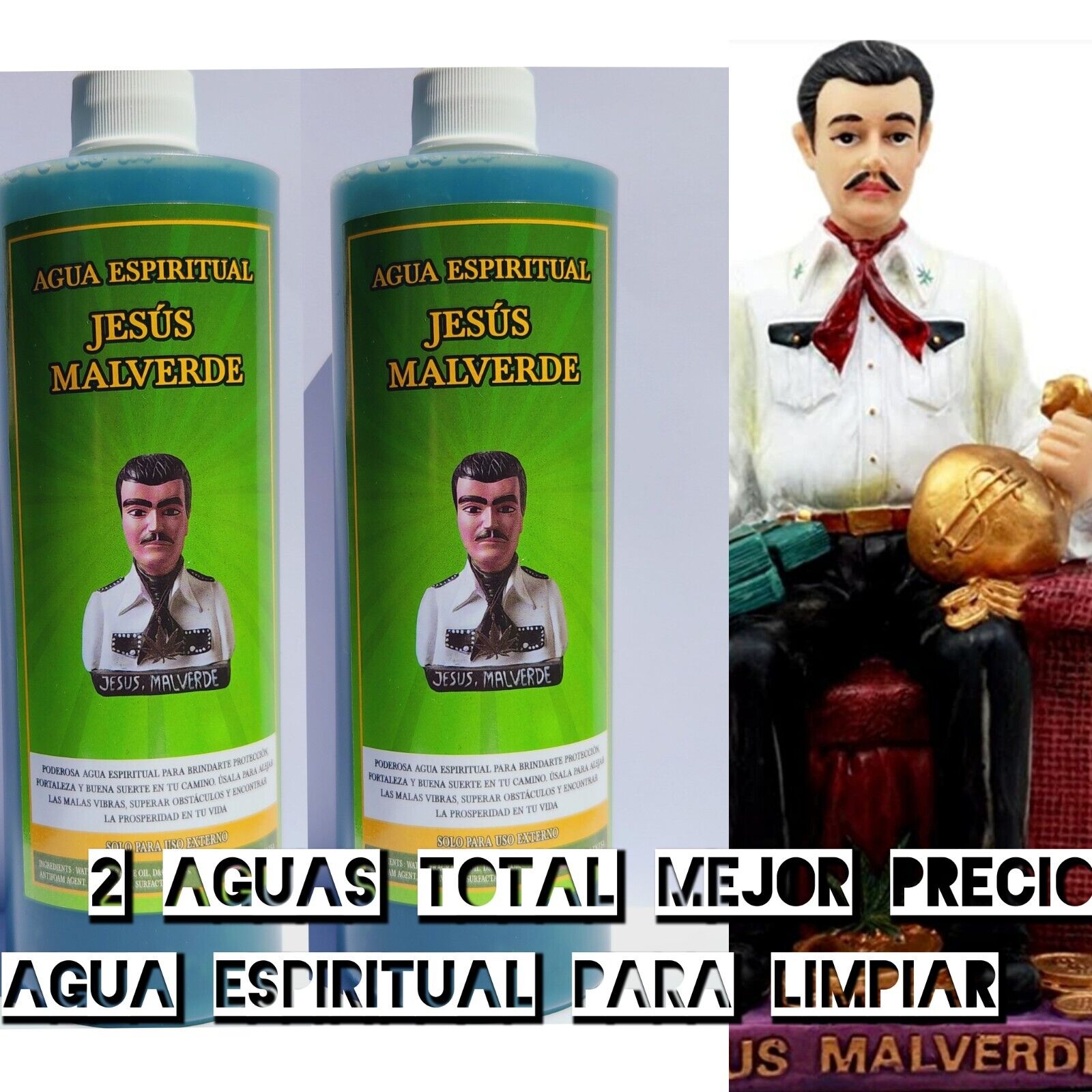 2 Aguas Jesus Malverde Agua Para Limpia Proteccion en Casa y Espacios 32oz total