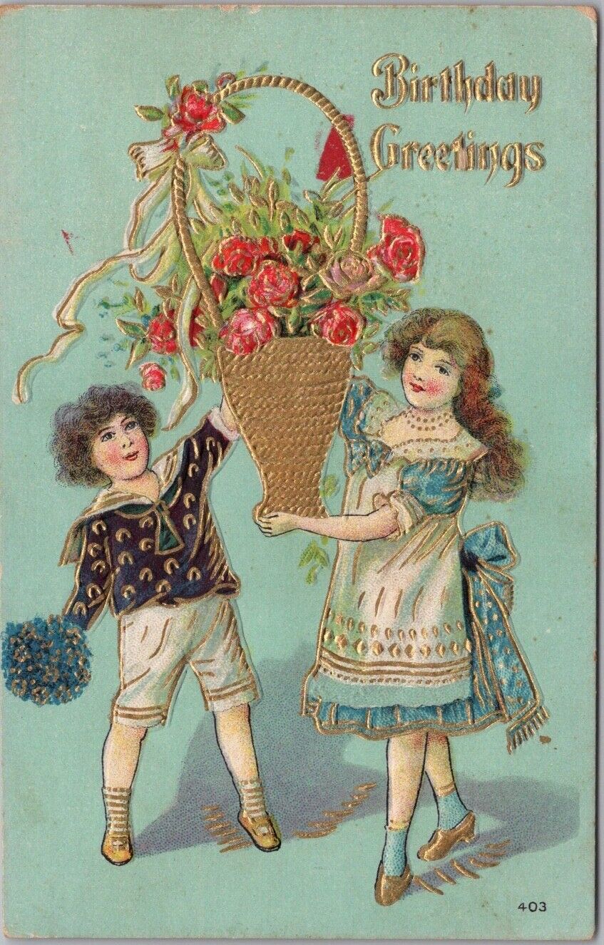 c1910s BIRTHDAY GREETINGS Embossed Postcard Boy & Girl with Basket of Roses
