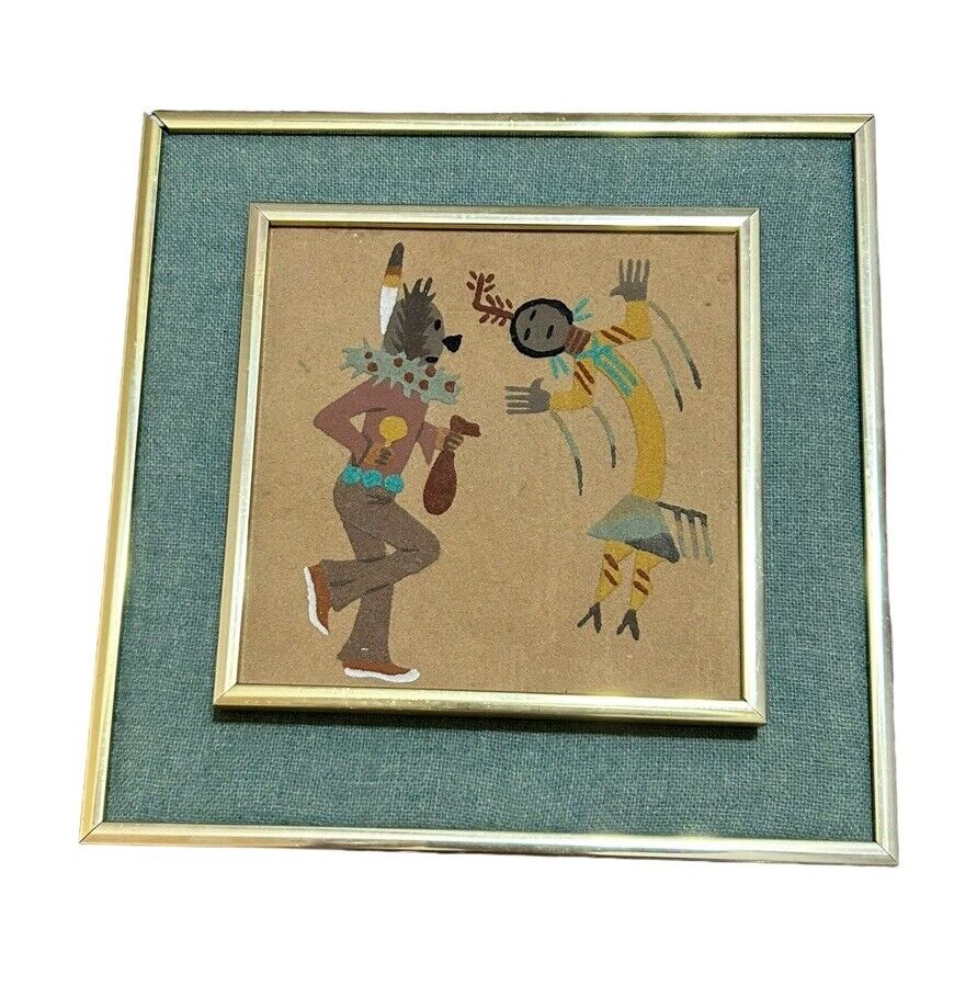 Navajo Sand Painting Framed Native American Art Dancing Wolf Woman Blue Brown