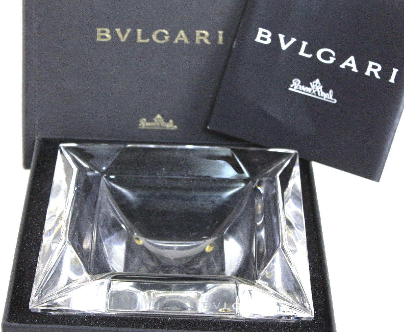 BVLGARI Rosenthal Ashtray Tobacco Jar Accessories Square Crystal 5.5 inch w/ BOX