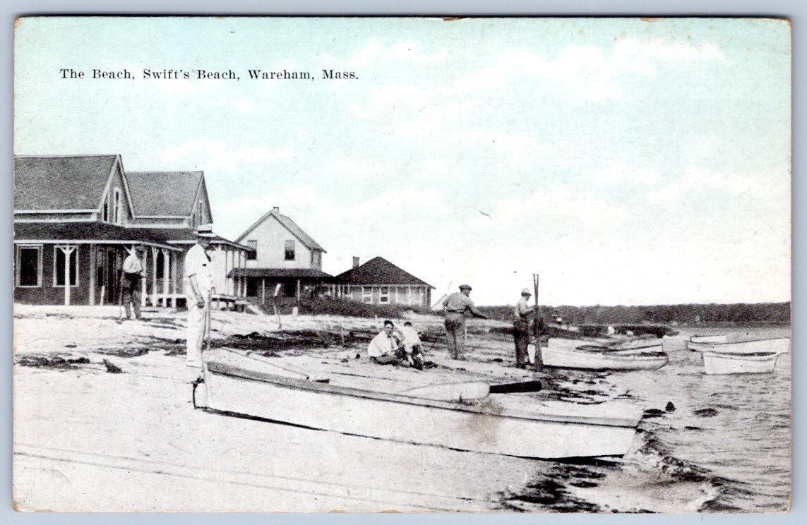 1910's SWIFTS BEACH FRONT COTTAGES WAREHAM MA MEN BOATS A B CLEVELAND POSTCARD