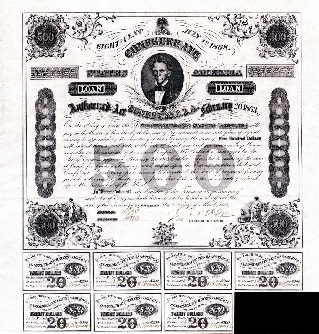 Confederate $500 Bond - Confederate Bond - Confederate Bonds
