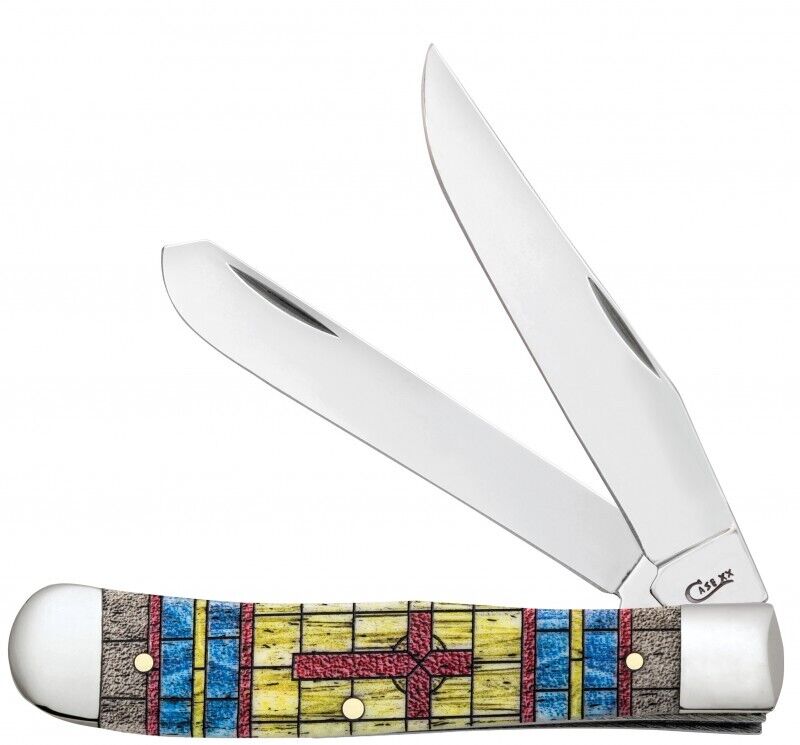 Case xx Stained Glass Natural Bone Cross Trapper Stainless 38713 Pocket Knife