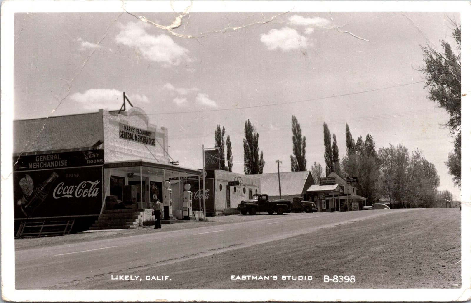 Postcard Rare RPPC Town of Likely Coca Cola 76 Gas Pumps Cafe General Store CA