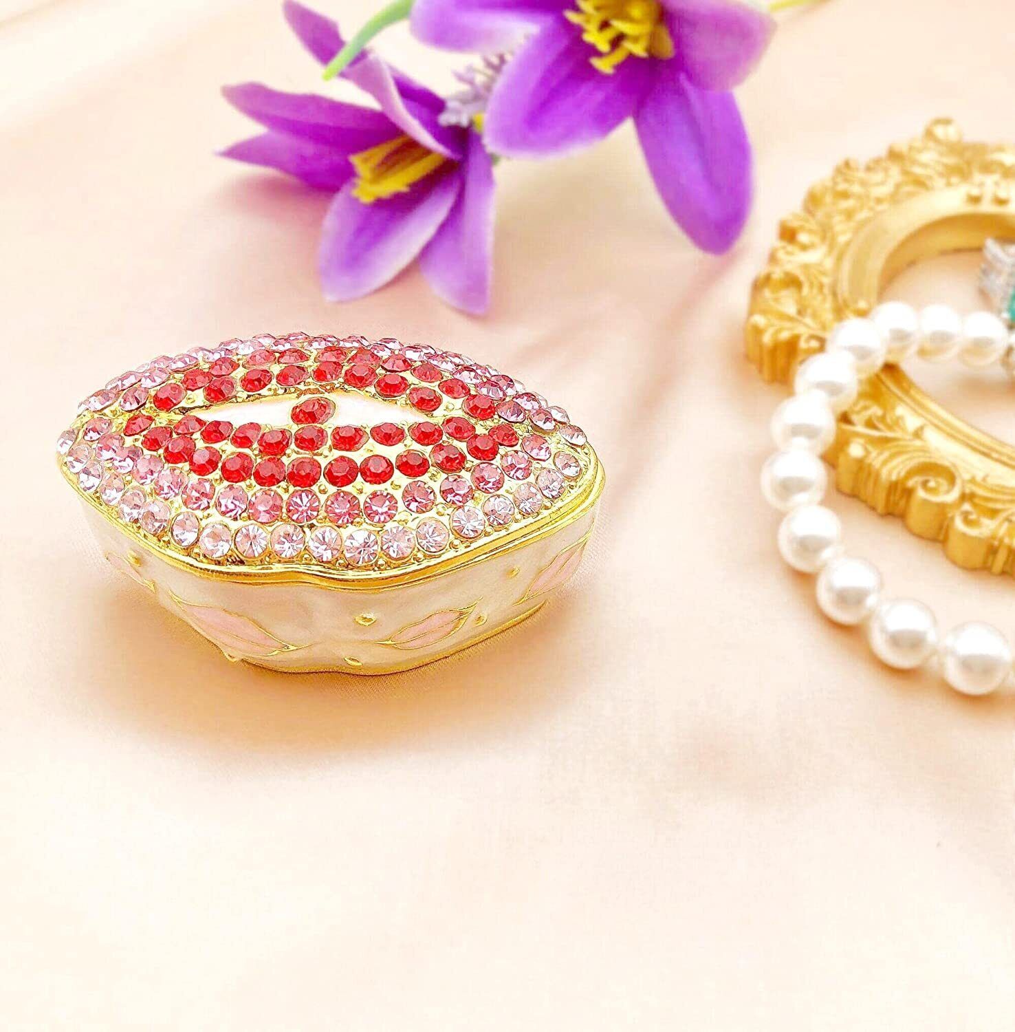 Jewelry Box Lip Trinket Crystals Bejeweled Keepsake Necklace Red Metal Small