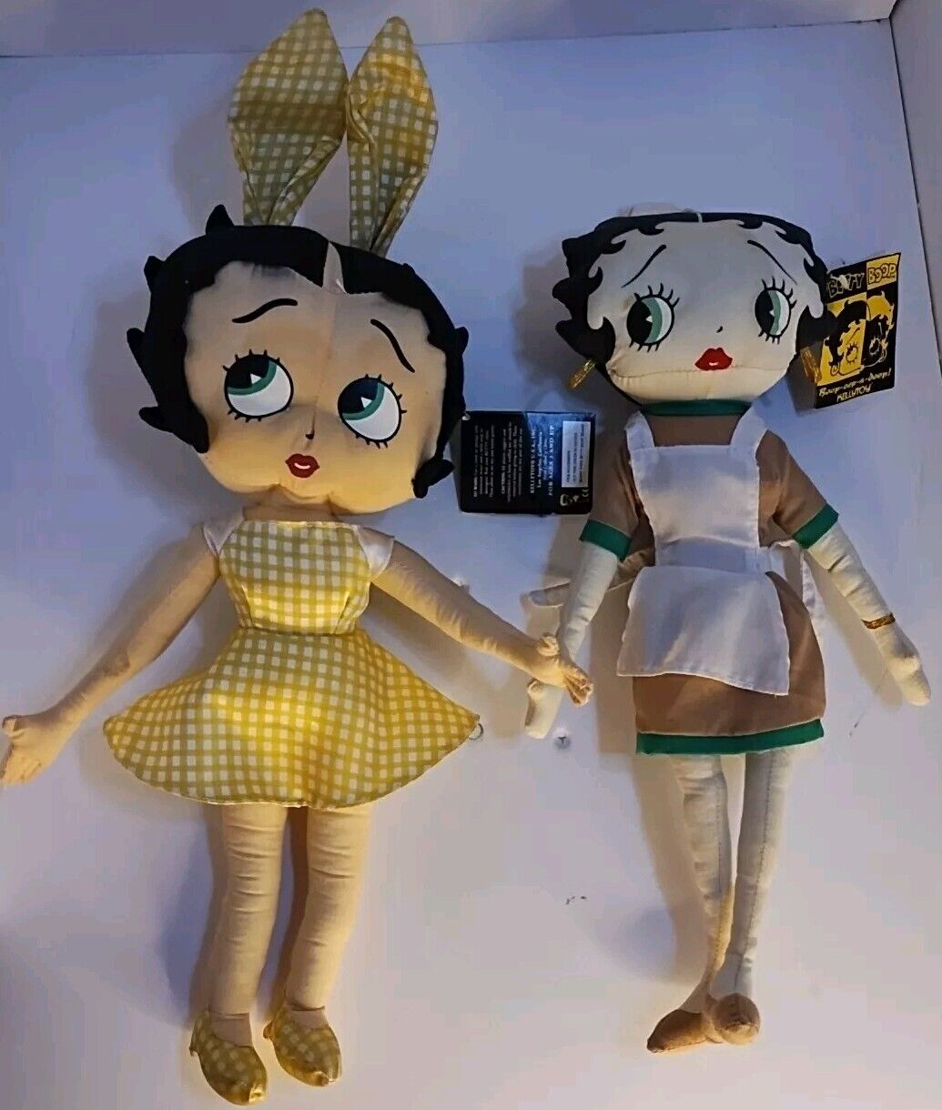 Vintage Betty Boop Lot Of 2 Plush Dolls Easter Bunny Ears Yellow Waitress Betty