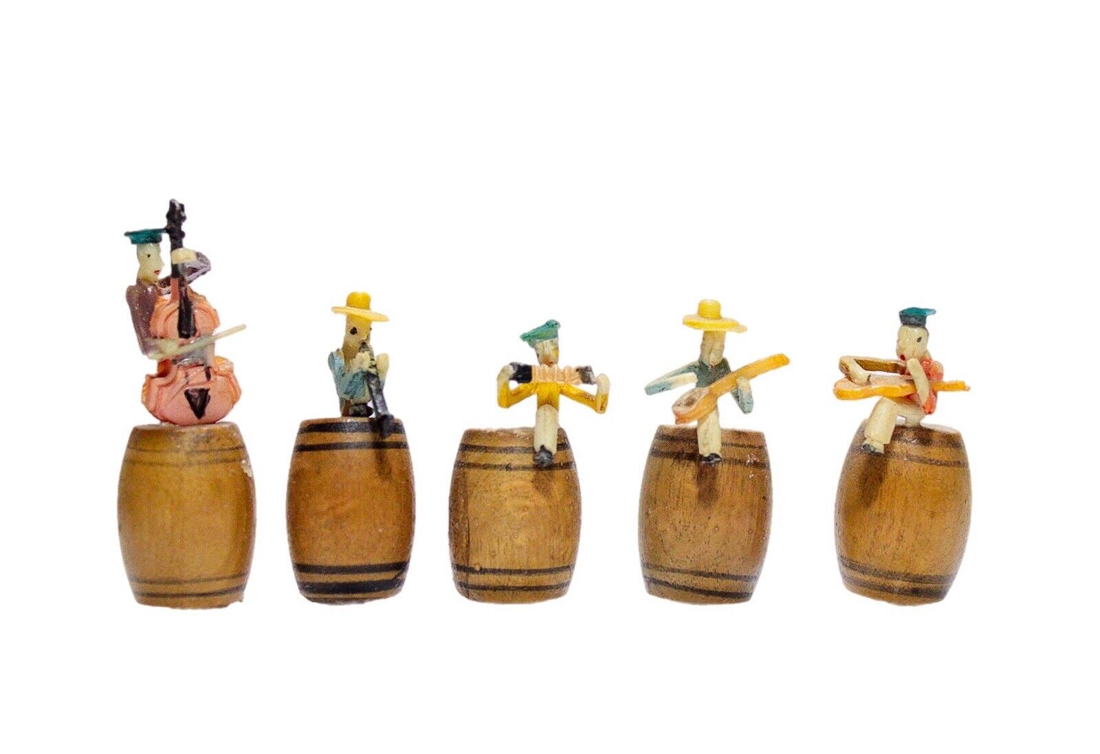 Vtg Set of  5 Japan Seated Beer Barrel Wood Band Music Band Miniature Figurines