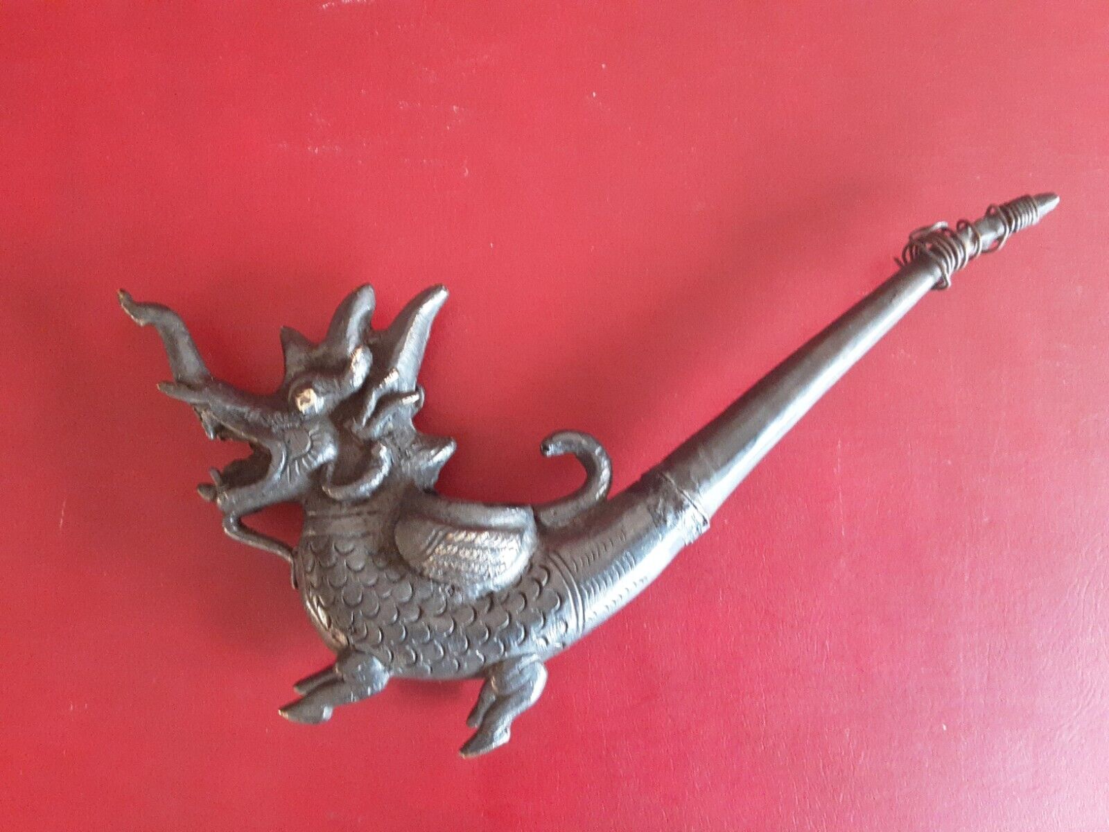 Vintage Decorative Metal Dragon Figurine Pipe . Handmade. Unmarked. 