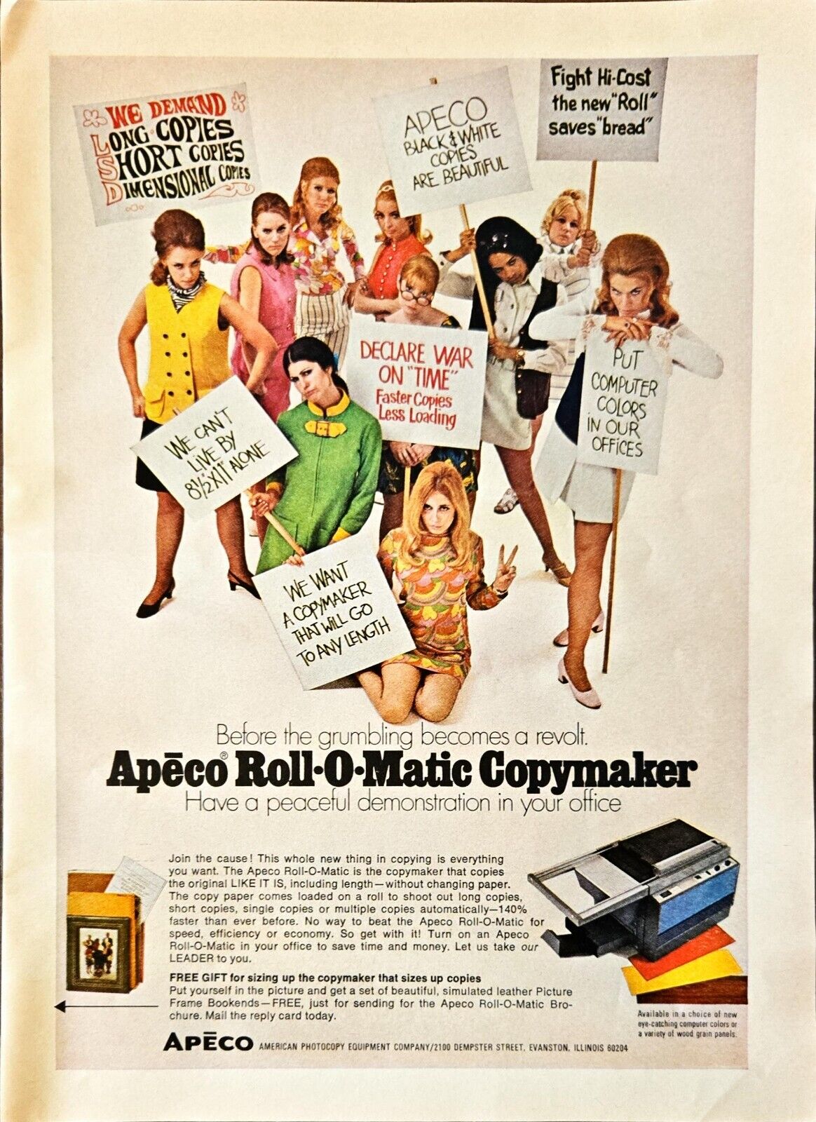 1969 Vintage Print Ad Apeco Roll-O-Matic Copymaker Featuring Fashion Ladies 